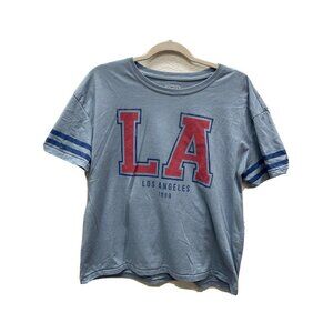 Mighty Fine Womens T Shirt Size Large L Blue LA Los Angeles Boxy Fit Top Red
